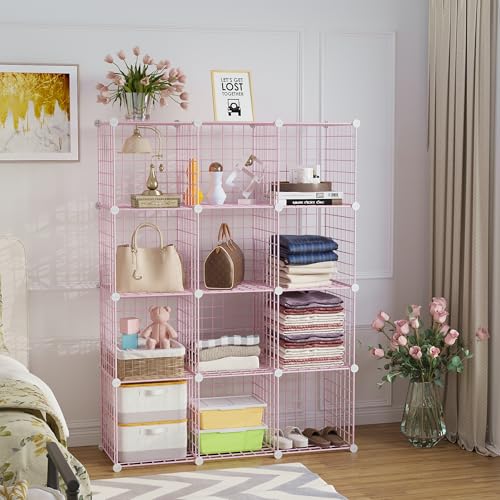 C&AHOME Wire Cube Storage, 12 - Cube Organizer Metal C Grids, Closet, Pink | Modular Shelves Units Storage Bins Shelving Bookshelf Shelf Cabinet - color: Pink