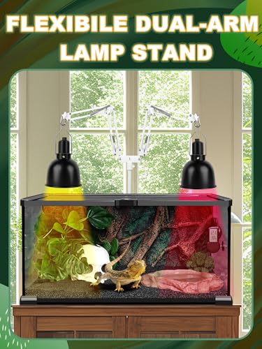 Reptile Light Stand, Single Swing-Arm, White, 15.7-74.3 inch | Adjustable 360° Swing Arm, Heat Bulb Stand, For Bearded Dragons, Turtles, Chameleons, Terrarium Compatible - color: White, size: Dual Swing-Arms