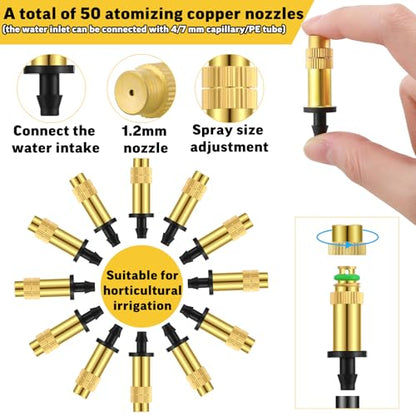50 Pack 1/4" Misting Nozzles, Adjustable Copper Irrigation Atomizing Spray Emitters Drip Sprinkler Heads for Garden, Greenhouse, Agricultural, Patio Misting, Outdoor Cooling System(Long) - style: Long