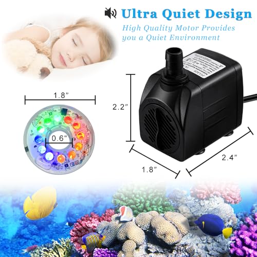 160GPH Small Fountain Pump, 10Watt Submersible Pump with Automatic Color Changing LED Light and 3.3 ft Tubing for Water Feature, Outdoor Pond, Aquarium fish tanks