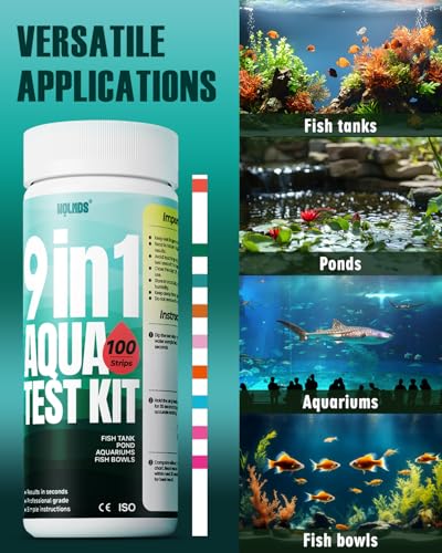 Aquarium Test Strips - 9-in-1 Aquarium Water Test Kit: Fish Tank Testing Kit for Freshwater, Saltwater, Pond, 100 Strips, Fast & Accurate pH, Hardness, & More, Lead Water Test Kit