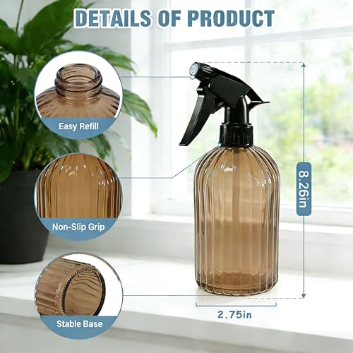 Brown Ribbed Glass Plant Spray Bottle 2 Pack, 13.5oz Adjustable Nozzle | Drip-free semi-transparent glass, fine mist to stream. Refillable for plants, cleaning, hair, pet care, eco friendly - color: Amber