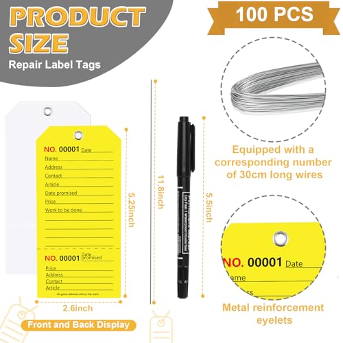 100 Pack Yellow Repair Tags with Wire Rope Service Repair Tags Numbered with Wire Durable 2.6 x 5.25 Inch Labels for Production Equipment Maintenance Price Notice (100, Yellow, 2.6x5.25in) - color: Yellow