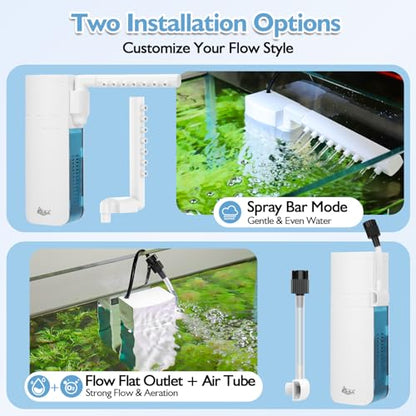 AQQA Aquarium Filter, 3W, 5-10 Gallon Tank | 79GPH Internal, Dual Water Outlet & Aeration, Crystal Clear Water, Submersible Pump & Filter System