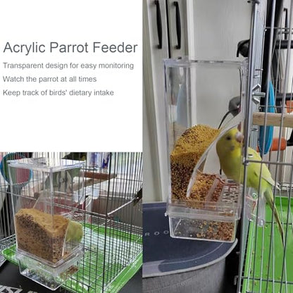 Automatic No Mess Bird Cage Feeder Acrylic Transparent Parrot Feeders | 2Pack Parakeet Food Container Cage Accessories for Small and Medium Lovebirds Canary Cockatoo Cockatiel Finch - color: Transparent