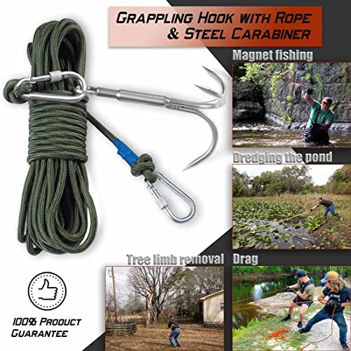 Grappling Hook with Rope-Includes Nylon Rope 6/8/10mm 50FT,Functional Grapple Hook and Double Carabiner,for Magnet Fishing/Drag/Tree Limb Removal - style: Big+1/3″rope-green