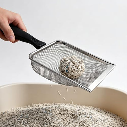 Cat Litter Scoop, Stainless Steel Mesh Scoop Away Cat Litter, Kitty Litter Scoop 2.8mm Hole, Non-Stick Cat Litter Scoop for Crystal Litter|Pine Pellets|Small Pieces, Litter Cleaner Beach Mesh Shovel