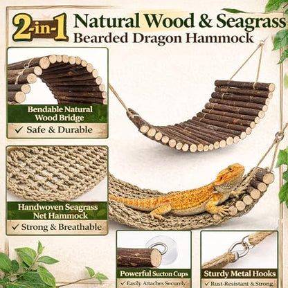 HERCOCCI Bearded Dragon Tank Accessories, 9Pcs Reptile Plants Vines Hammock | Flexible Bridge with Suction Cups Terrarium Habitat Décor for Snake Gecko Lizard Chameleon