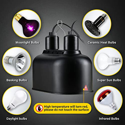 Simple Deluxe Reptile Lamp Fixture Aluminum Dome Light Dual Deep Cap Integration Design Heat-Lighting Lamp Double Sockets Bulbs Holder with Independent Switches, for Terrarium, Turtle Tank, Black - size: 1 Pack