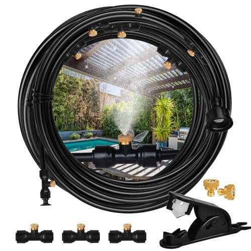 Misters System for Outside Patio,100 FT (30M) DIY Misting Cooling System+30 Brass Mist Nozzles+2 PE Adapters 3/4"+2 Tee Adapters+2 90 Degree Elbows,Garden Watering System for Greenhouse