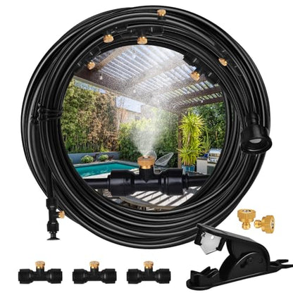 Misters System for Outside Patio,100 FT (30M) DIY Misting Cooling System+30 Brass Mist Nozzles+2 PE Adapters 3/4"+2 Tee Adapters+2 90 Degree Elbows,Garden Watering System for Greenhouse