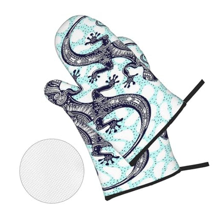 Gecko Lizard Abstract Reptile Animal 4-Piece Oven Mitts and Handle Covers Set - Heat Resistant Baking Gloves for Kitchen BBQ Grilling