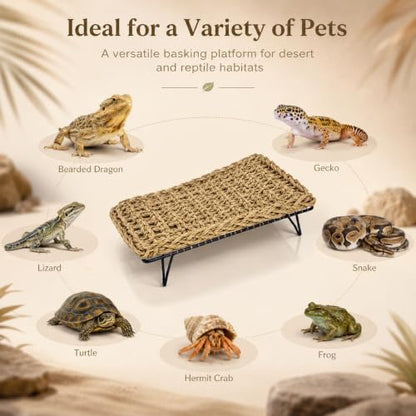 Natural Seagrass Reptile Hammock Bed with Adjustable Metal Legs, Large Elevated Resting Platform for Bearded Dragon, Lizard, Gecko, Snake, Turtle & Terrarium Pets, Includes Humidity Meter