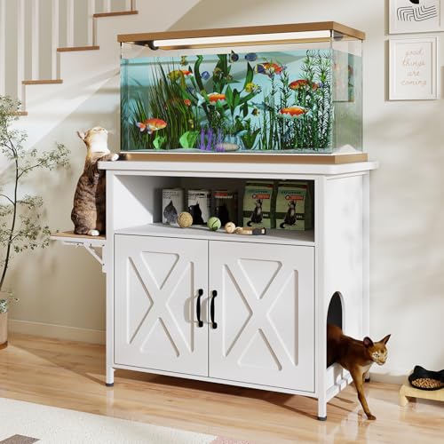 Verano Garden 40-50 Gallon Fish Tank Stand, Aquarium Stand, White | Cat Litter Box Enclosure, Storage Shelf, Cat Perch, Removable Divider, Scratch Mat, 36.2"x20.5" Tabletop, 660 LBS Capacity - color: White