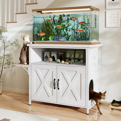 Verano Garden 40-50 Gallon Fish Tank Stand, Aquarium Stand, White | Cat Litter Box Enclosure, Storage Shelf, Cat Perch, Removable Divider, Scratch Mat, 36.2"x20.5" Tabletop, 660 LBS Capacity - color: White
