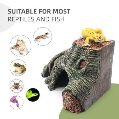Reptile Hideouts Cave Habitat Decor, Hollow Tree Climing Ramp Basking Platform for Reptiles, Amphibians, Fish Tanks and Leopard Gecko, Snake, Lizard