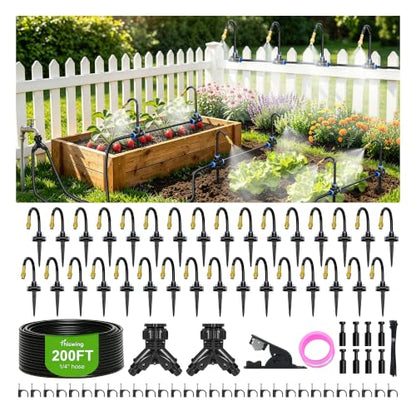 Thiswing 200FT 360° Adjustable Irrigation System with Stake Holders | 1/4" Tubing, 32 Nozzles, Automatic Watering Misting System, Sprinkler for Garden, Raised Bed, Lawn, Plants - size: 200FT