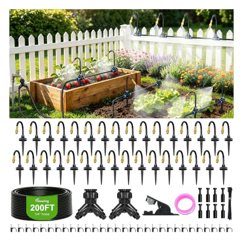 Thiswing 200FT 360° Adjustable Irrigation System with Stake Holders | 1/4" Tubing, 32 Nozzles, Automatic Watering Misting System, Sprinkler for Garden, Raised Bed, Lawn, Plants - size: 200FT