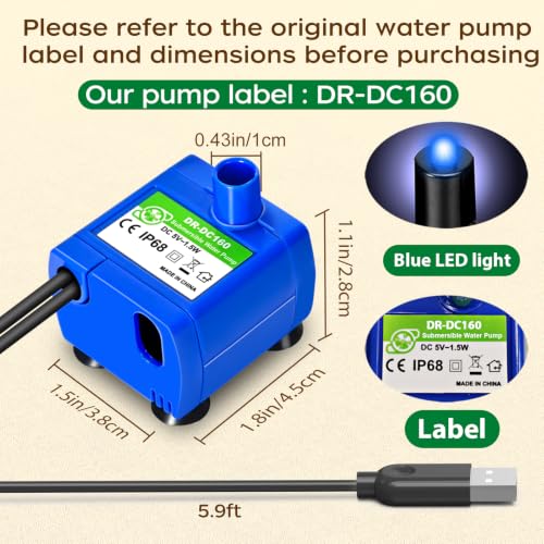 Cat Water Fountain Pump, Pet Water Fountain Pump Compatible Motor, DR-DC160 for Cat Drinking Fountain Cat Water Dispenser Replacement (Pump) | IP68Waterproof, Blue LED light, USB Port, Ultra-Quiet At Under 25 dB, Low Power Consumption Of 1.5 W