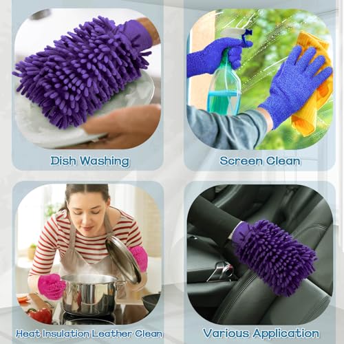 Potchen 6 Pcs Microfiber Dusting Mitt Gloves for Plants Washable Dusting Gloves for House Cleaning Furniture Car Washing - color: Purple, Rose Red