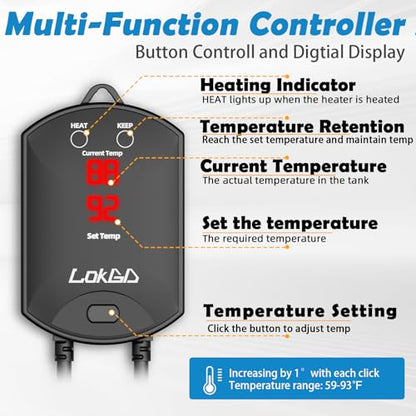 Upgraded 500W Intelligent Aquarium Heater,59°F-93°F Submersible Fish Tank Heater with Intelligent Digital Display Controller and Auto Power Off for 60-135 Gallon Freshwater Saltwater Fish Tanks - size: 60-135 Gallon 500W