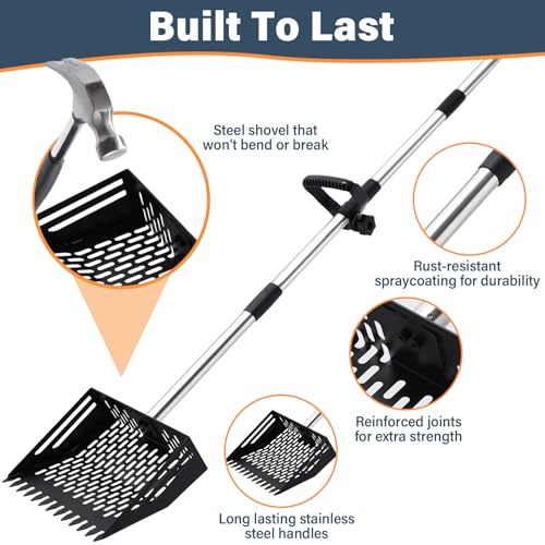 Linidcoud Chicken Poop Scooper, 10 Inch Metal Long Handle Chicken Coop Sand Pooper Scooper & Rake Adjustable Length, Durable Dog Pooper Scooper for Yard Farm Coop Accessories(Black) - color: Black