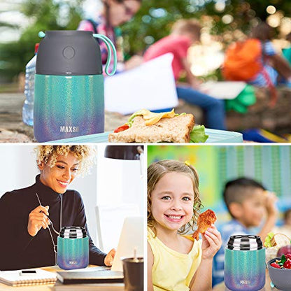 MAXSO 2 Pack Soup Thermo for Hot & Cold Food for Kids Adults, Vacuum Insulated Food Jar Thermal Lunch Containers, Travel Food Flask with Spoon (24 oz,17 oz) (Glitter Rainbow) - color: Rainbow