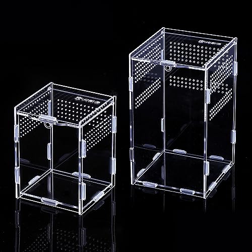 BigKing 2 Packs Reptile Feeding Box, Acrylic Reptile Terrarium Enclosure, Insect Breeding Case, Reptiles Habitat Terrarium for Small Tree Dwelling Reptiles & Amphibians Like Gecko and Frog