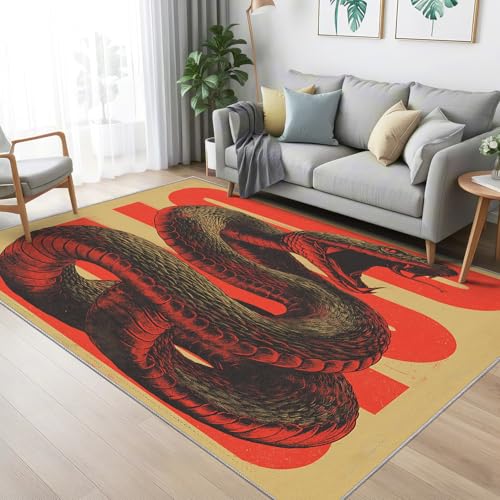 Snake Area Rug for Bedroom, Python Serpent Washable Rugs, 5x7 Rug for Living Room, Non Slip & Soft Low Pile & Stain Resistant Large Carpet, Vintage Reptile Home Decor Gifts - color: Beige Red, size: 5 x 7 ft