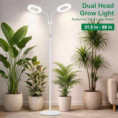 LBW Dual Head Grow Light with Stand for Indoor Plants, Full Spectrum Grow Light for Multiple Tall Plants, Adjustable Height up to 68", Auto Cycle Timer 6/8/12/16H, 5-Level Dimmable, 3 Lighting Modes - size: 2 Head 6.3" White