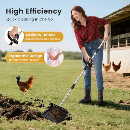 2-in-1 Chicken Poop Scooper & Rake, 38 to 66" Adjustable Stainless Steel Chicken Coop Scoop for Sand Chicken Litter Scoop with Handle Litter Sifting Shovel for Chicken Coops & Pet Waste