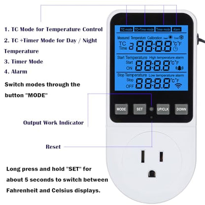 Digital Day Night Thermostat Heating Cooling Outlet Plug with Timer | Multi Period Temperature Controller, LCD Screen Outlet Socket for Reptile Incubator Greenhouse Brewing Refrigerator 110V - color: Upgraded