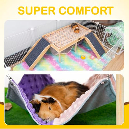 BESNEW Enlarged Guinea Pig Hammock with Platform and Stairs,Wooden Foldable Piggies Hideout for Guinea Pigs Bunny Ferret Hamster Hiding Sleeping Activities 24L x 12W x 11H in（Double） - style: Hammock with 2 ramps