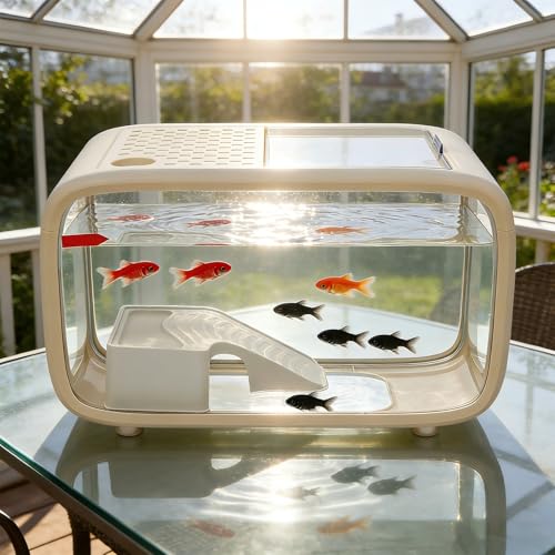 Desktop Fish Tank, 3.2Gal Small Betta Fish & Turtle Tanks, Aquarium Bowl with Detachable Basking Platform, Multi-Functional Areas Aquascape Tanks for Fish Terrapin Frog Shrimp Crab (White) - color: White