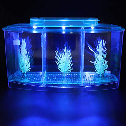 LIZEALUCKY Betta Fish Tank, Adjustable LED Light Acrylic Small Aquarium, Fish Tank Starter Kit with Isolation Plates and Water Change Valve, Blue - color: Blue