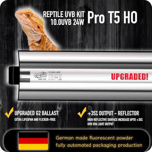 Upgraded T5 UVB Reptile Light, 10.0 UVB 24W German Made Fluorescent Lamp and Fixture Kit, for Desert-Dwelling Reptiles, Bearded Dragon UVB Lamp Bulb