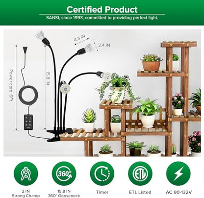 SANSI LED Grow Lights for Indoor Plants, Lifetime Free Bulb Replacement | 600W Full Spectrum 4-Gooseneck Clip Plant Grow Light, Plant Light with Timer 4/8/12 Hrs, High PPFD Growing Power Grow Lamp - size: 4 Head 1 Pack