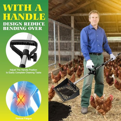 Chicken Poop Scooper, 2-in-1 Metal Chicken Coop Scoop for Sand with 22 to 64" Adjustable Handle, Multifunctional Rake & sifting Shovel Cleaning Tools for Chicken Scoop, Animal Farm, Duck Coop