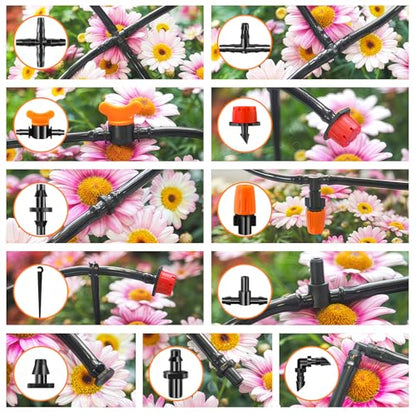 220-Piece Drip Irrigation Fittings Kit for 1/4" Tubing, Complete Set of Drip Barbed Connectors (Nozzle, Micro Dripper, Nozzle Tee, Single Barb, Coupling, Tee, Elbow, Valve, Plug, Cross, Stake) - size: 1/4" Fittings with Box-220P