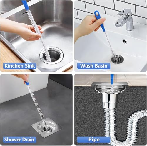 Flexible Drain Brush, 61'' Long Pipe Cleaner+ 17.7'' Sink Unblocker Tool | Drain Scrubber Bathroom,Washing Machine Cleaner for Drain Hose,Double Ended Nylon for Curved Pipes and Slim Holes