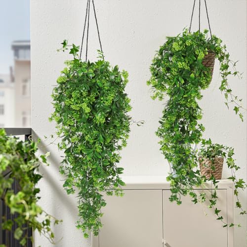 RECUTMS Fake Hanging Plants 2Pcs Outdoor Greenery Artificial Hanging Flower for Outdoors Hanging Basket Artificial Hanging Plants Plastic Home Garden Wedding Party Shelf Aesthetic Decorations(Green) | Faux Green Flowers with Eucalyptus Leaves UV Resistant