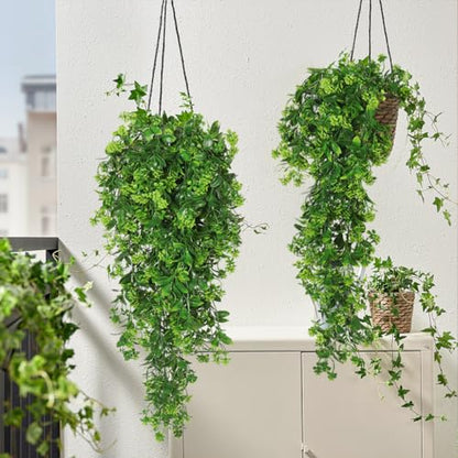 RECUTMS Fake Hanging Plants 2Pcs Outdoor Greenery Artificial Hanging Flower for Outdoors Hanging Basket Artificial Hanging Plants Plastic Home Garden Wedding Party Shelf Aesthetic Decorations(Green) | Faux Green Flowers with Eucalyptus Leaves UV Resistant