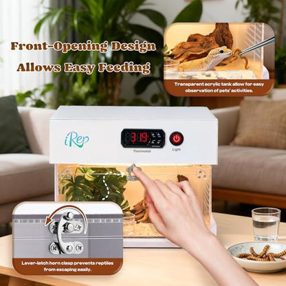 Moongiantgo Thermostat-Controlled Reptile Enclosure 11.89x12.01x9.25 Inch | Detachable Leopard Gecko Tank Heating Habitat, Front Opening Acrylic Terrarium for Crested Gecko, Small Pets, Air Flow&Latch