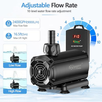 hygger Submersible Pump 2400GPH, 60W Water Fountain Pump With Controller | 9000L/H, with 16.5 ft. High Lift, 17ft. Power Cord, 6 Nozzles for Fish Tank, Outdoor Pond, Aquarium, Statuary, Hydroponics - size: 2400GPH 60W
