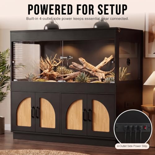 120 Gallon Reptile Terrarium Tank and Storage Cabinet, Black Finish | 4x2x2 Reptile terrarium with stand, glass doors, locking mesh top, acrylic side panels, built-in power, storage cabinet - color: Black