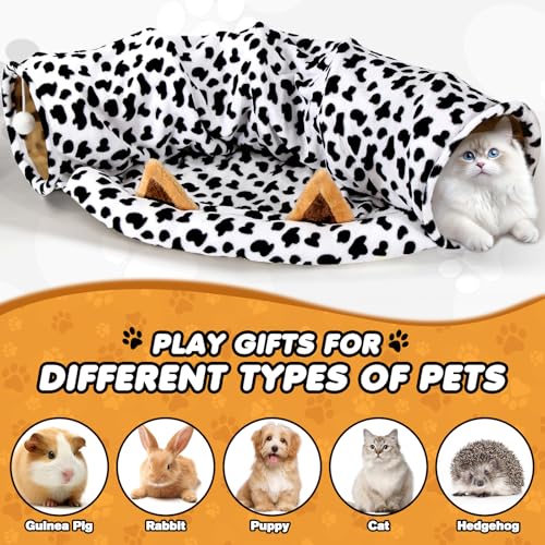 Spardar 2-in-1 Bunny Tunnel Bed, with Removable Mat Hideout, Cow | Collapsible Tunnel Tubes Toys, Washable, Interactive Toys for Rabbits, Chinchilla, Hedgehog, Guinea, Kitty - color: Cow
