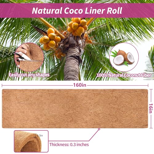 16X160 Inch Natural Coco Liner Roll, Coconut Liners for Planter Window Box Hanging Basket, Coconut Coir Roll Coco Fiber Mat for Garden Decoration DIY Moss Poles Pet Pad Reptiles Carpet