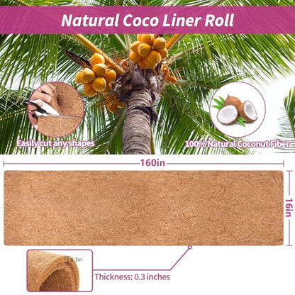 16X160 Inch Natural Coco Liner Roll, Coconut Liners for Planter Window Box Hanging Basket, Coconut Coir Roll Coco Fiber Mat for Garden Decoration DIY Moss Poles Pet Pad Reptiles Carpet