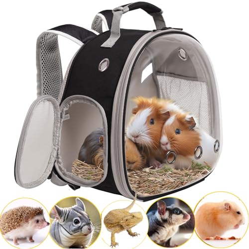 Guinea Pig Backpack Carrier, Bearded Dragon Carrier Backpack with Clear Bubble Window,Small Animal Travel Backpack for Hedgehog Rat Parrot,Rabbit,Sugar Glider,Airline Approved(Black, Backpack) - color: Black