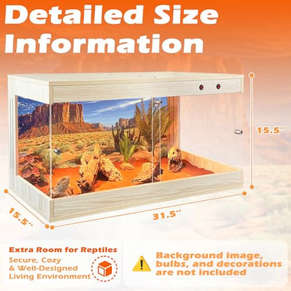 ROYXEN Reptile Tank, 34 Gallons Reptile Enclosure with Lockable Design, Tempered Glass Bearded Dragon Tank for Lizard Habitat, Soild Wood Built-in Sockets (Oak, 32"x16"x15.5") - color: Oak, size: 32"x16"x15.5"